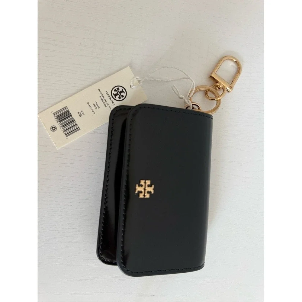 Tory Burch Emerson Smooth Flap Card Case Wallet 176972 Sleek Black Zip Key Hook